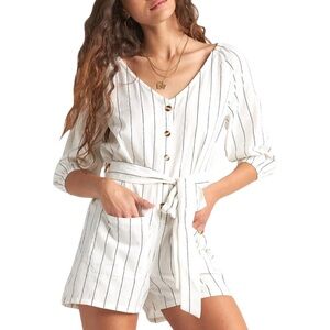 Billabong Work Play Striped Button Down Romper - M - White, Black